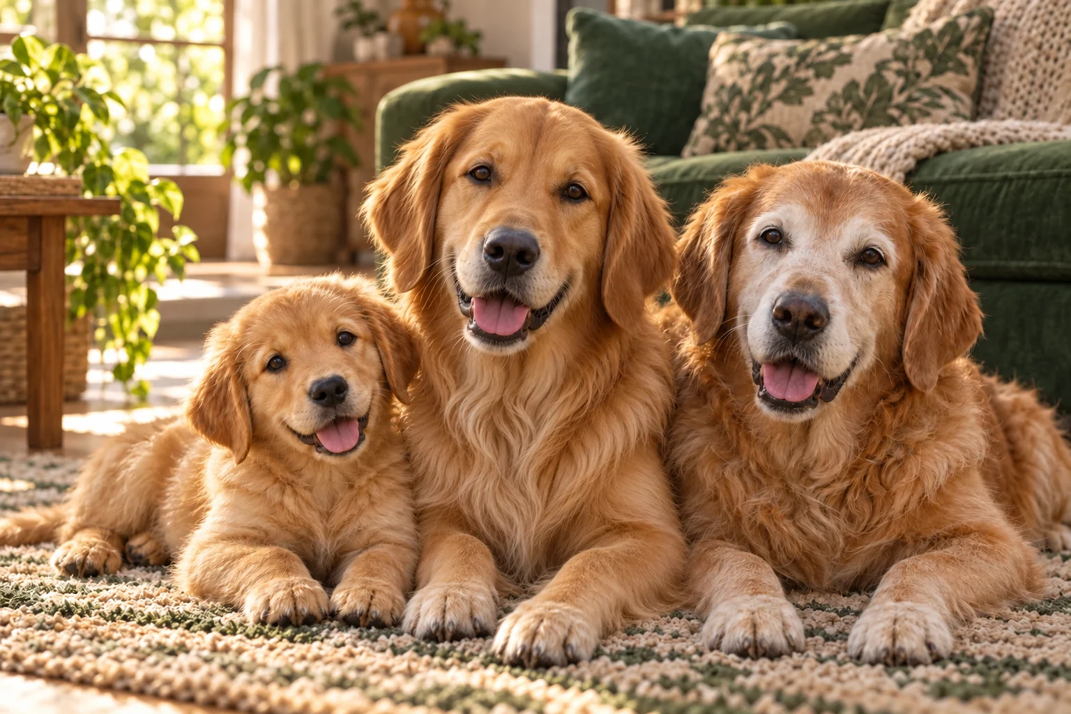 Três Golden Retrievers juntos num ambiente acolhedor: um cachorro, um adulto e um idoso de focinho branco. Imagem ilustrativa gerada por IA