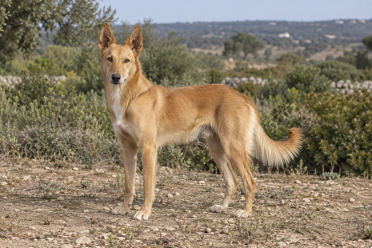 Cão do Barrocal Algarvio adulto, de pé, com o corpo inteiro visível.