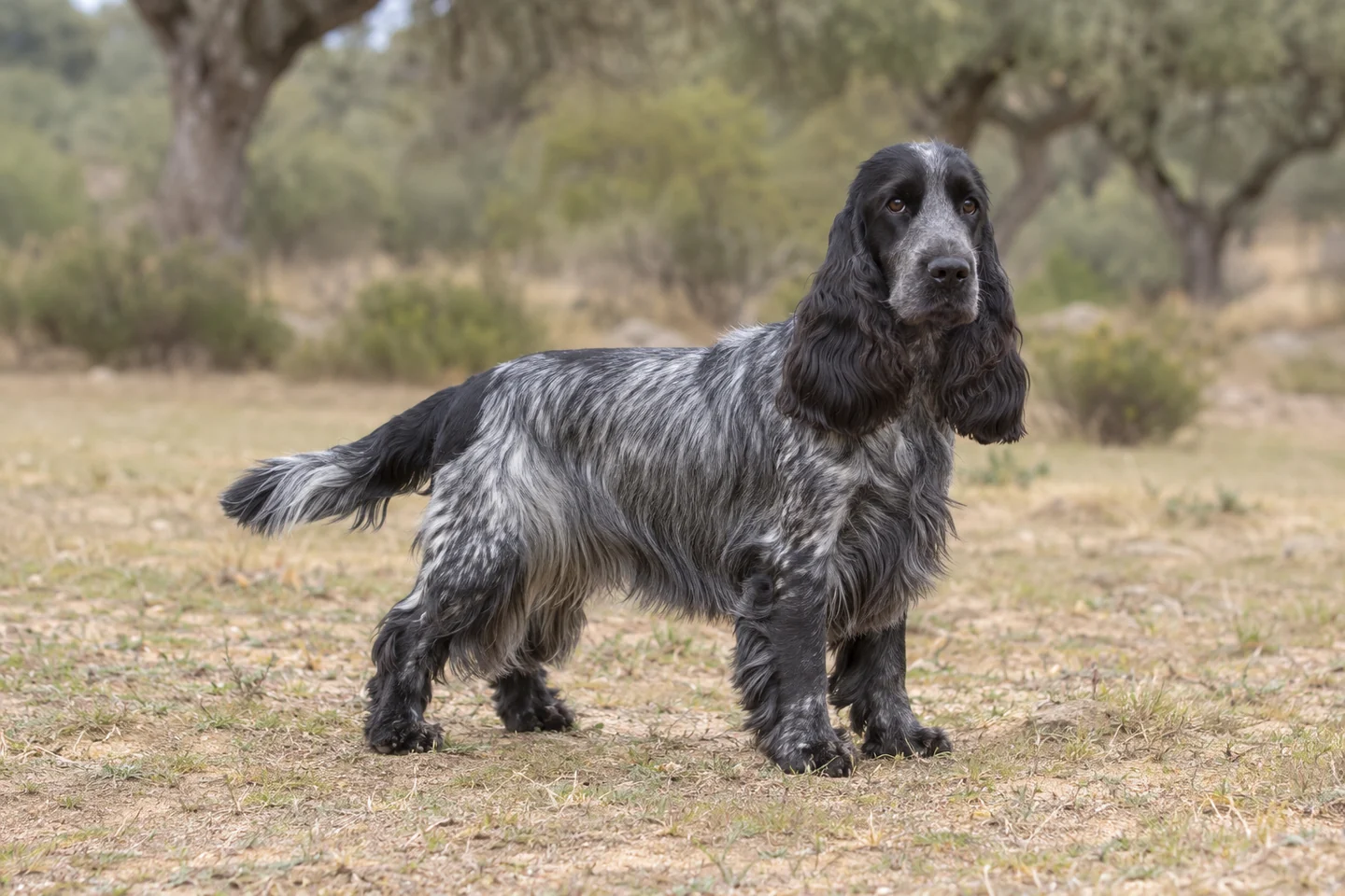 Cocker Spaniel Inglês adulto, de pé, com o corpo inteiro visível.