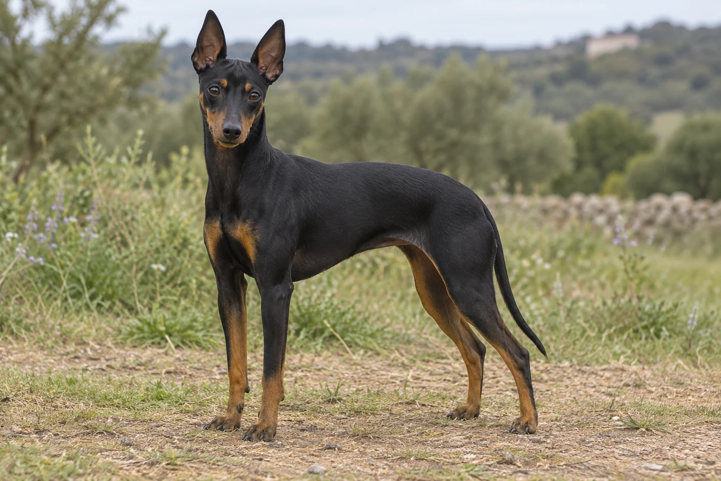 ENGLISH TOY TERRIER adulto, de pé, com o corpo inteiro visível.