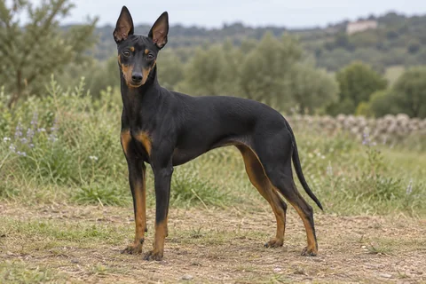ENGLISH TOY TERRIER adulto, de pé, com o corpo inteiro visível.