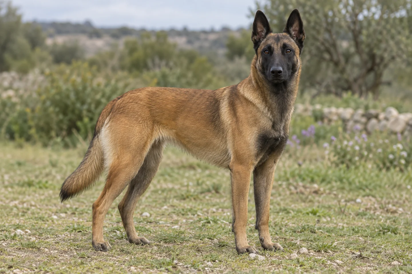 CHIEN DE BERGER BELGE adulto, de pé, com o corpo inteiro visível.