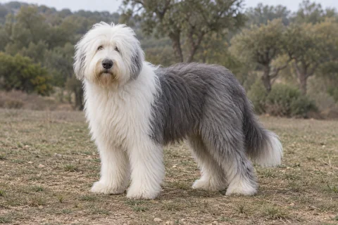 OLD ENGLISH SHEEPDOG adulto, de pé, com o corpo inteiro visível.