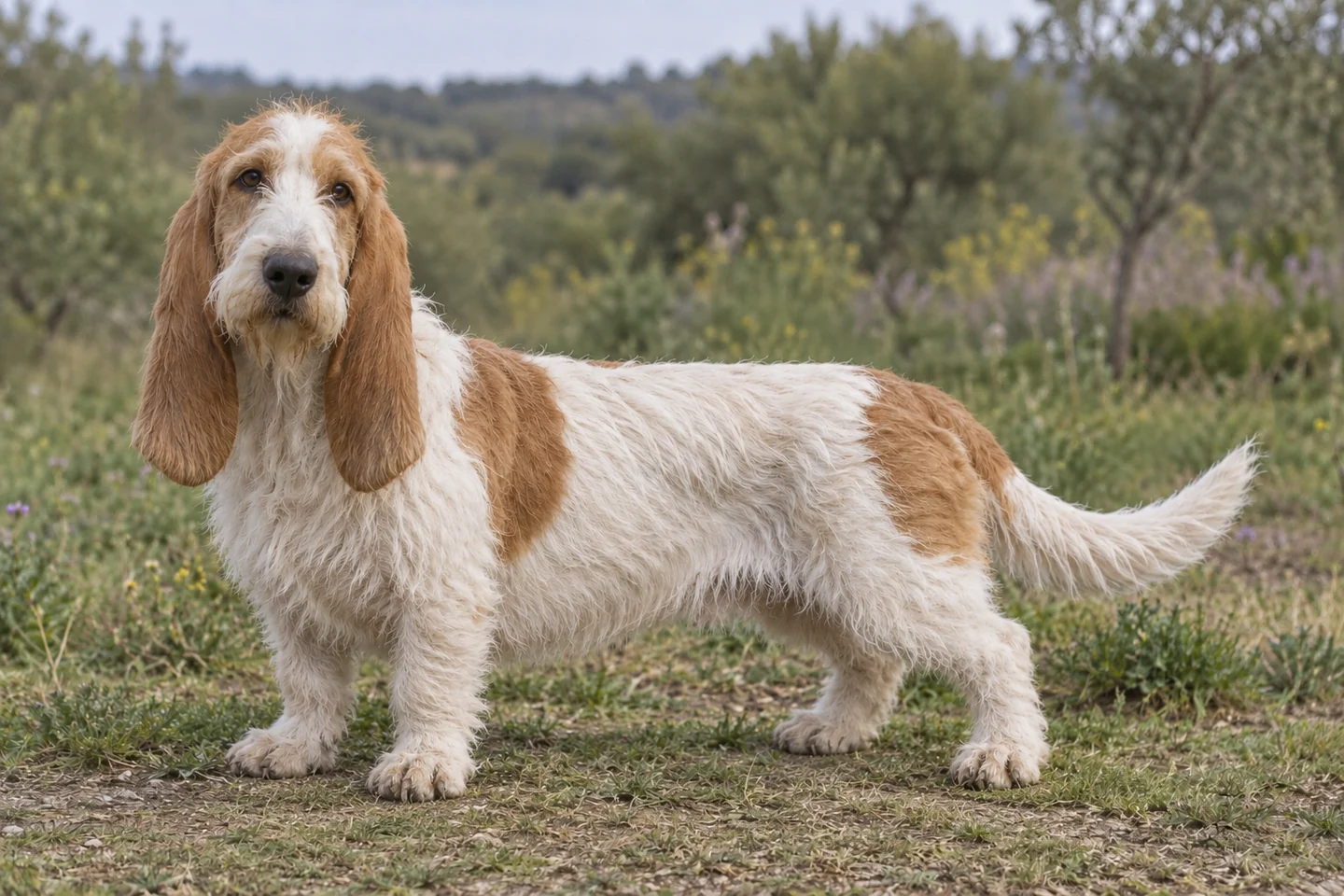 GRAND BASSET GRIFFON VENDEEN adulto, de pé, com o corpo inteiro visível.