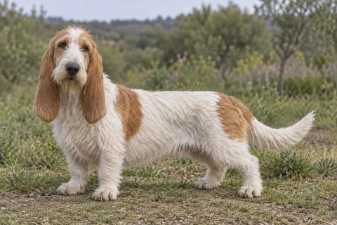 GRAND BASSET GRIFFON VENDEEN adulto, de pé, com o corpo inteiro visível.