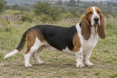 BASSET ARTESIEN NORMAND adulto, de pé, com o corpo inteiro visível.