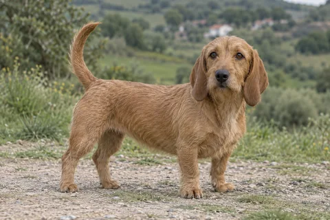 BASSET FAUVE DE BRETAGNE adulto, de pé, com o corpo inteiro visível.