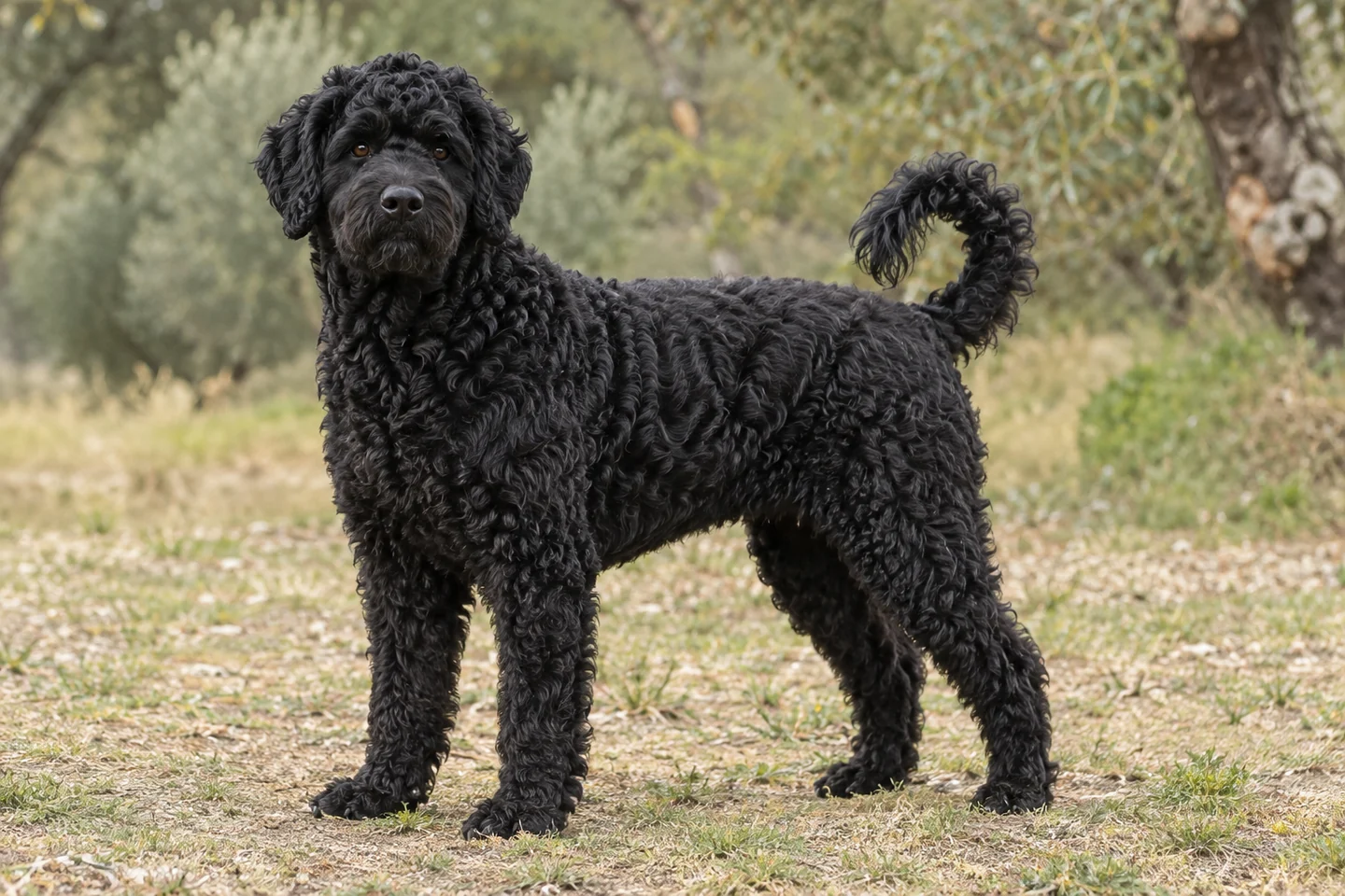 Cão de Água Português adulto, de pé, com o corpo inteiro visível.