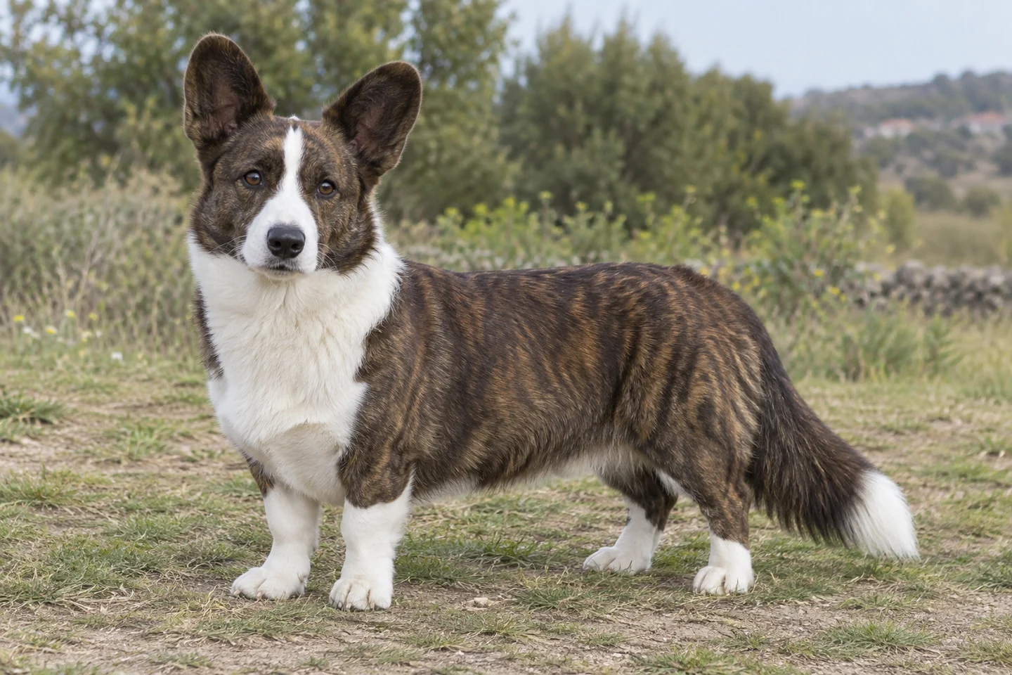 WELSH CORGI (CARDIGAN) adulto, de pé, com o corpo inteiro visível.