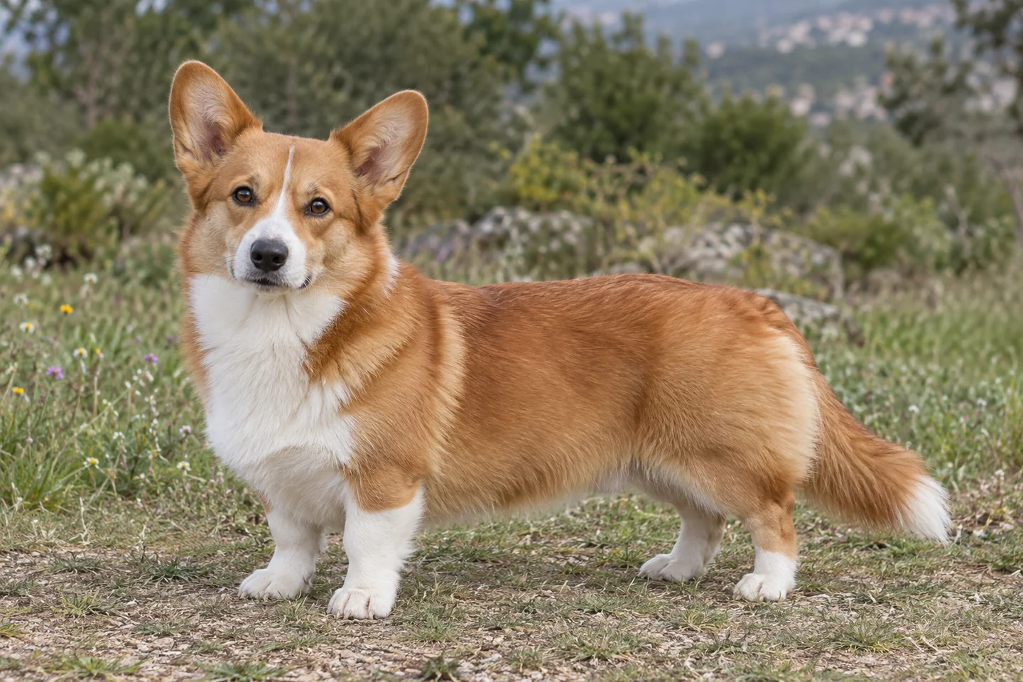 WELSH CORGI (PEMBROKE) adulto, de pé, com o corpo inteiro visível.