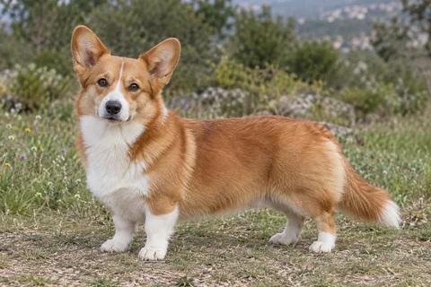 WELSH CORGI (PEMBROKE) adulto, de pé, com o corpo inteiro visível.