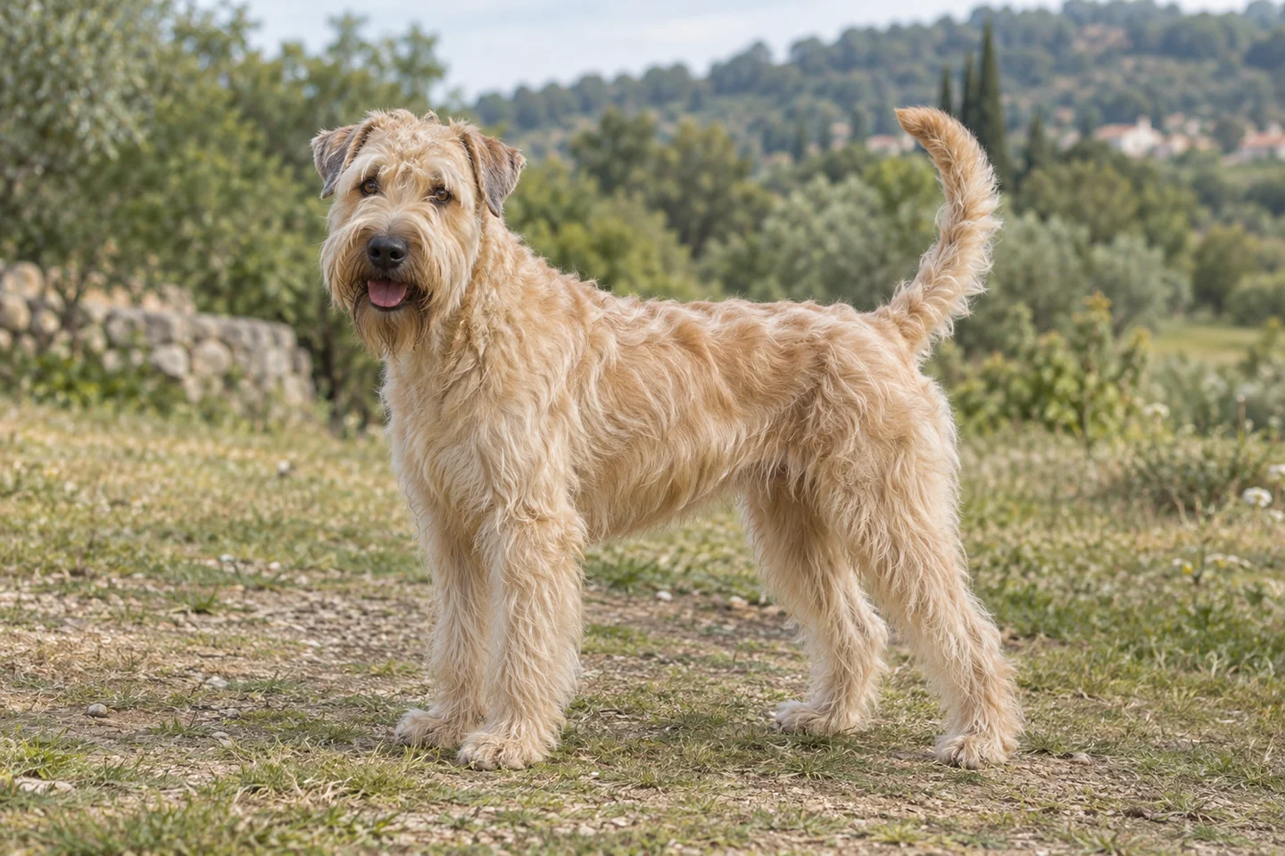 IRISH SOFT COATED WHEATEN TERRIER adulto, de pé, com o corpo inteiro visível.