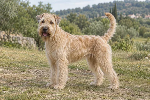 IRISH SOFT COATED WHEATEN TERRIER adulto, de pé, com o corpo inteiro visível.