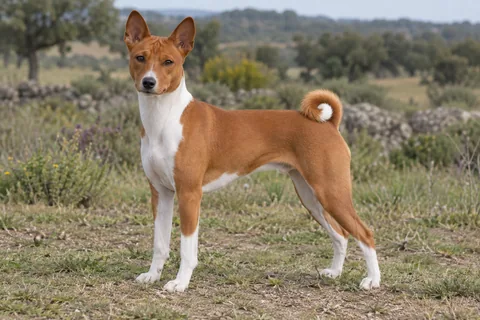 BASENJI adulto, de pé, com o corpo inteiro visível.