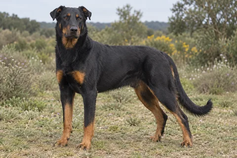BERGER DE BEAUCE adulto, de pé, com o corpo inteiro visível.