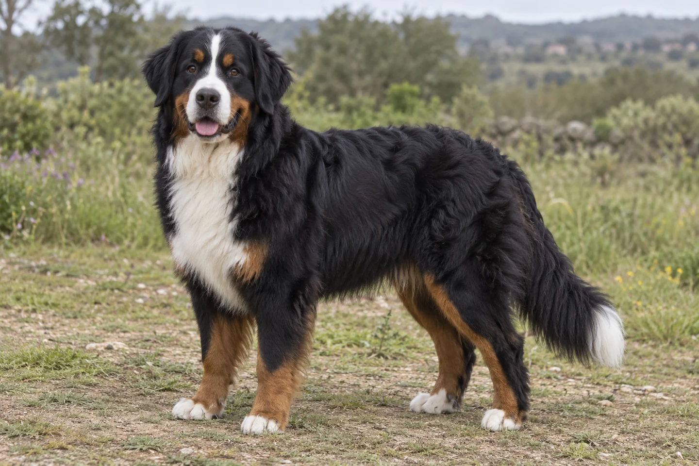 BERNER SENNENHUND adulto, de pé, com o corpo inteiro visível.