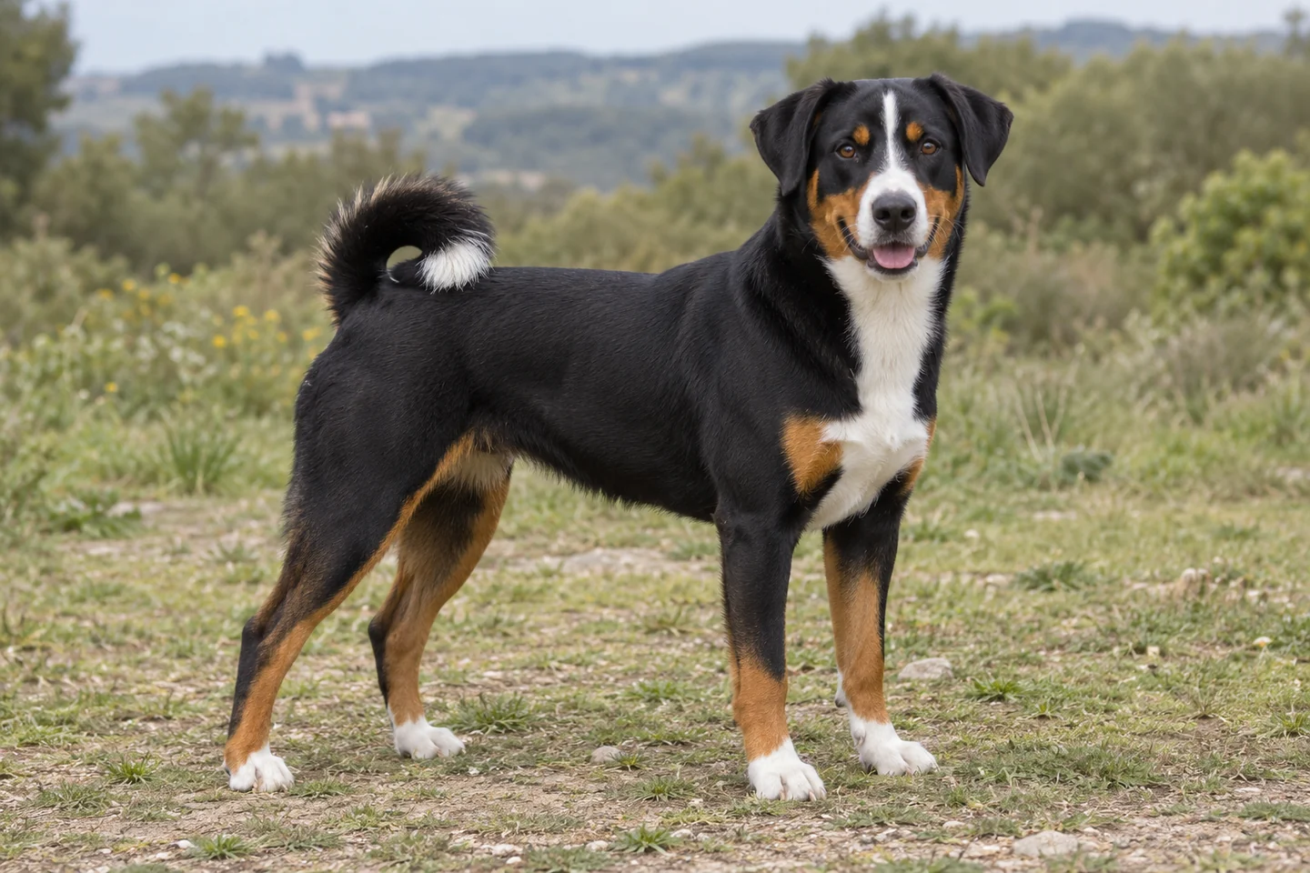 APPENZELLER SENNENHUND adulto, de pé, com o corpo inteiro visível.