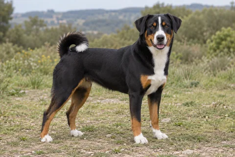 APPENZELLER SENNENHUND adulto, de pé, com o corpo inteiro visível.