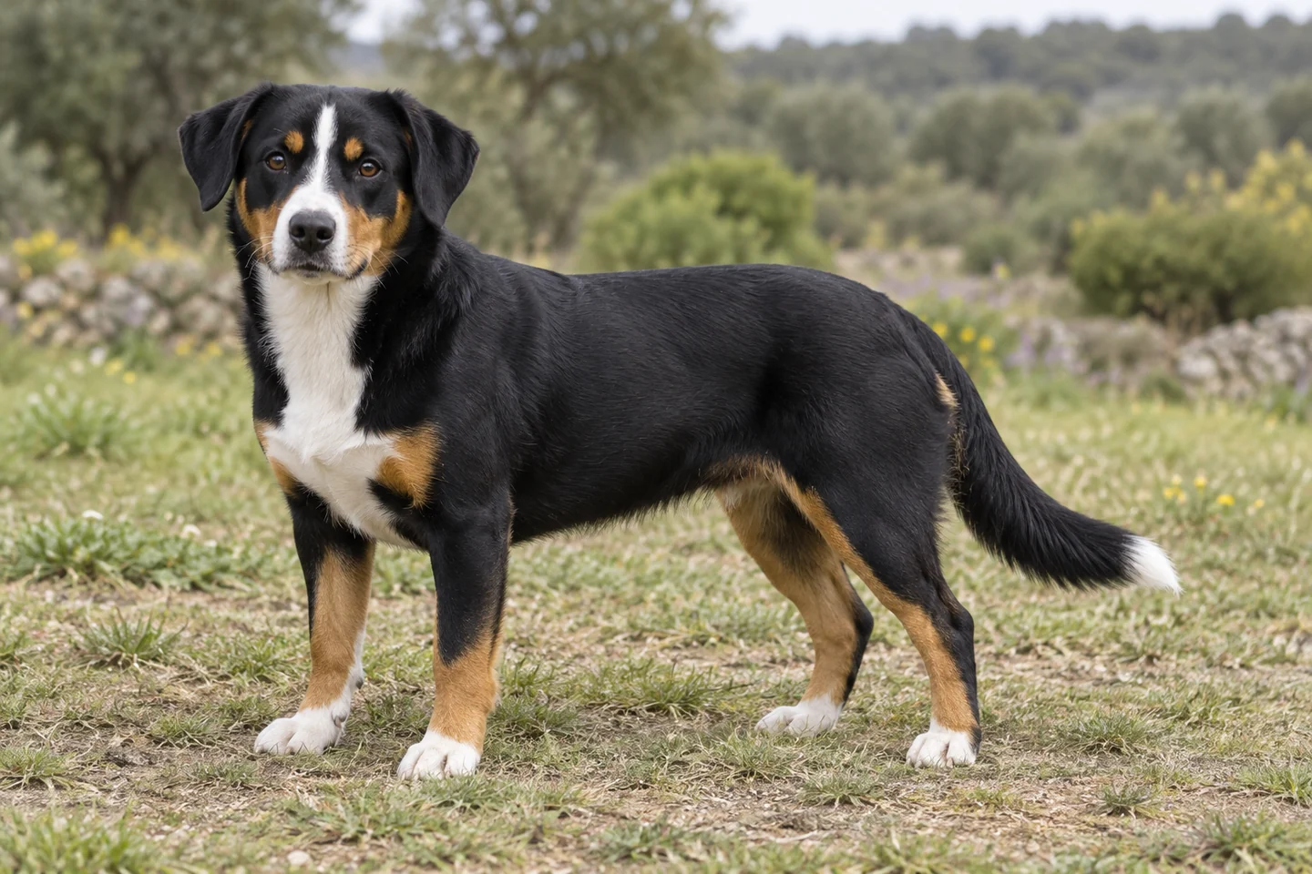 ENTLEBUCHER SENNENHUND adulto, de pé, com o corpo inteiro visível.