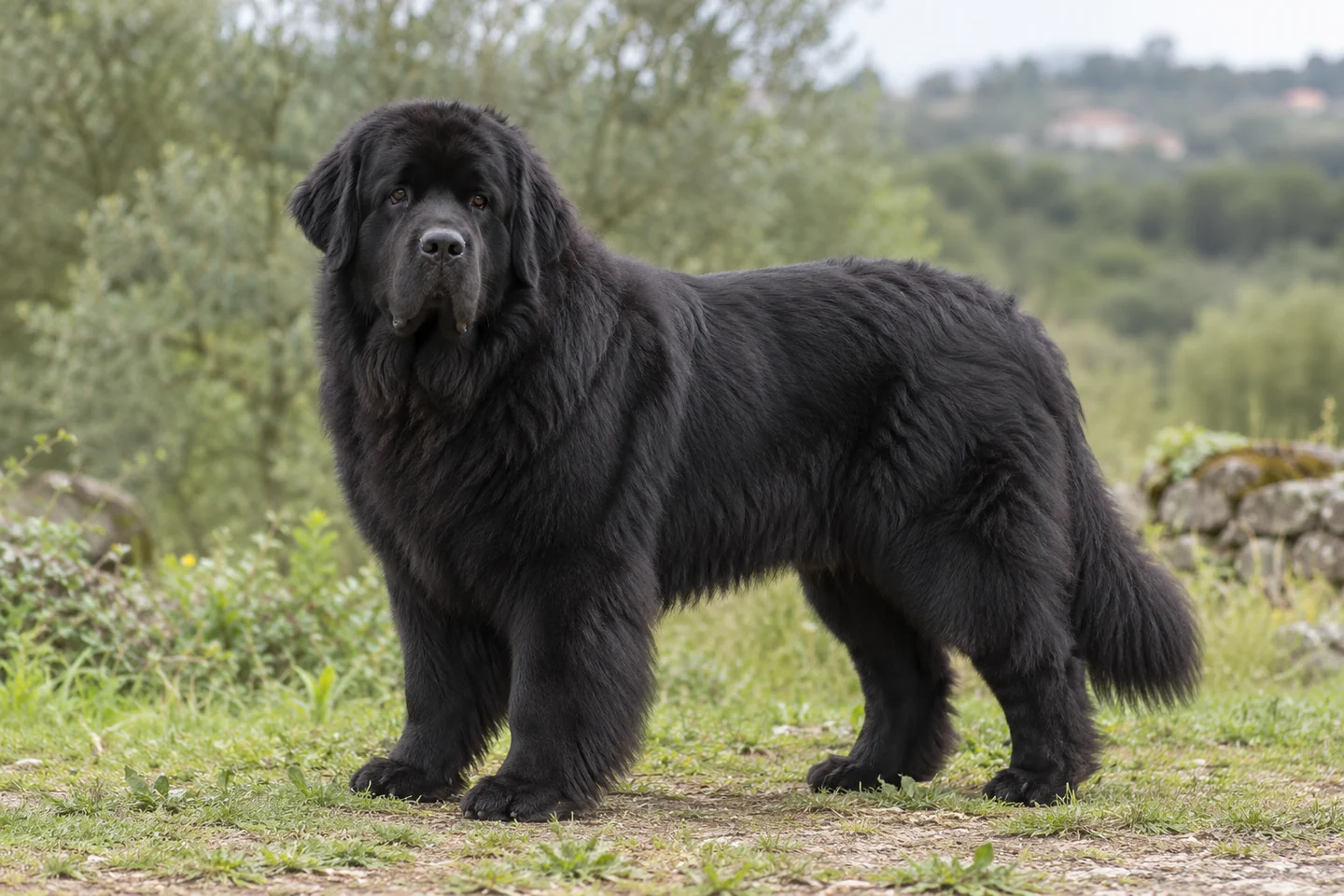 NEWFOUNDLAND adulto, de pé, com o corpo inteiro visível.