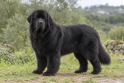 NEWFOUNDLAND adulto, de pé, com o corpo inteiro visível.