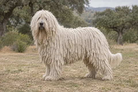 KOMONDOR adulto, de pé, com o corpo inteiro visível.