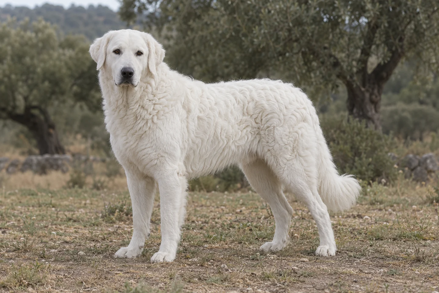 KUVASZ adulto, de pé, com o corpo inteiro visível.