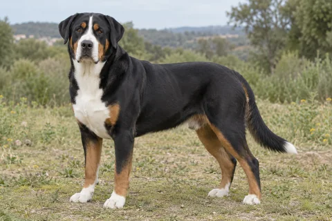GROSSER SCHWEIZER SENNENHUND adulto, de pé, com o corpo inteiro visível.