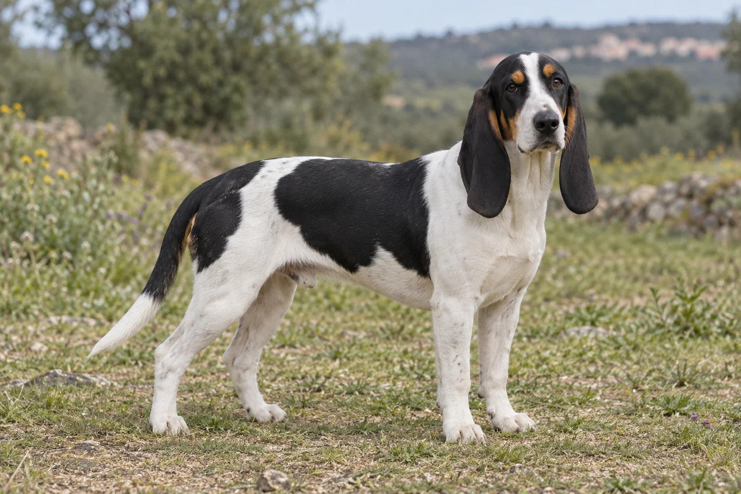 SCHWEIZER NIEDERLAUFHUND adulto, de pé, com o corpo inteiro visível.