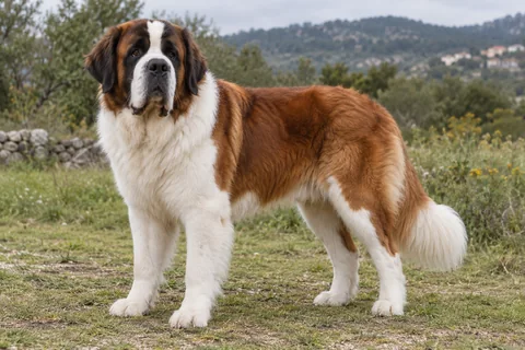 ST.BERNHARDSHUND - BERNHARDINER adulto, de pé, com o corpo inteiro visível.