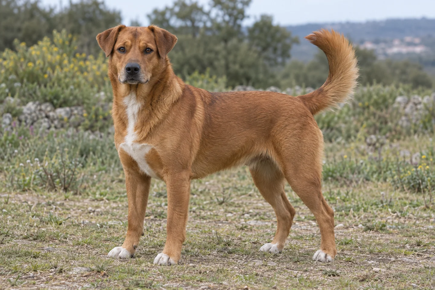 ÖSTERREICHISCHER PINSCHER adulto, de pé, com o corpo inteiro visível.