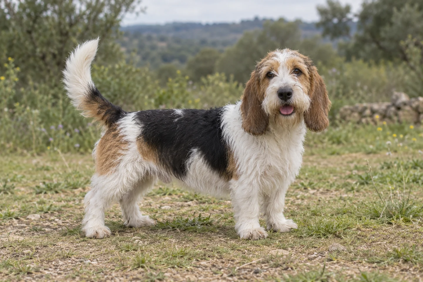 PETIT BASSET GRIFFON VENDEEN adulto, de pé, com o corpo inteiro visível.