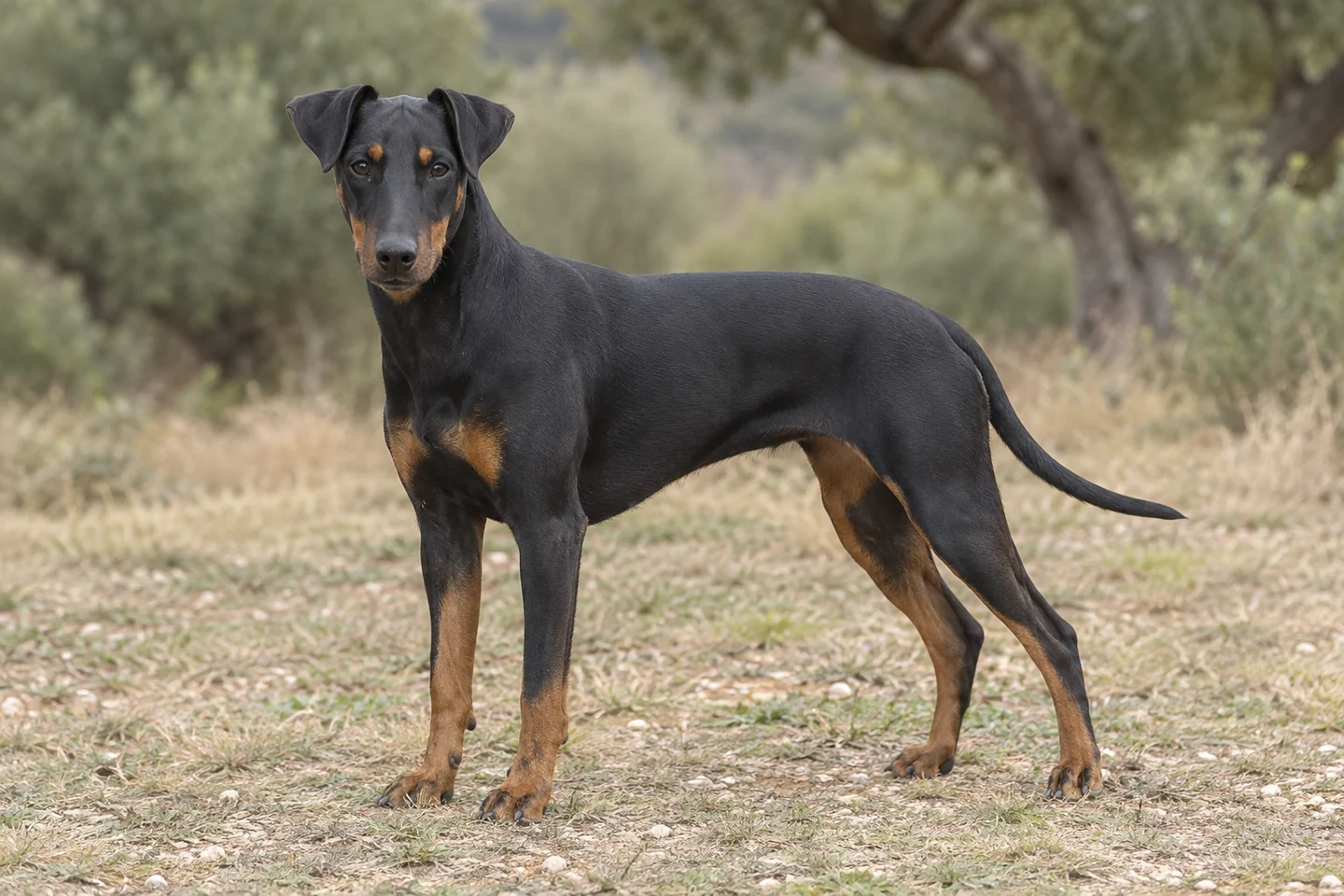 MANCHESTER TERRIER adulto, de pé, com o corpo inteiro visível.