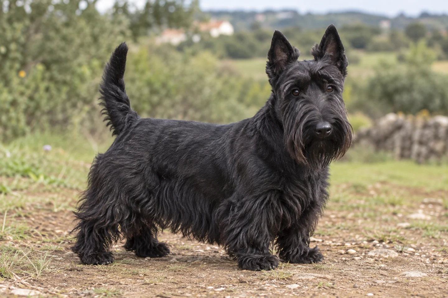 SCOTTISH TERRIER adulto, de pé, com o corpo inteiro visível.