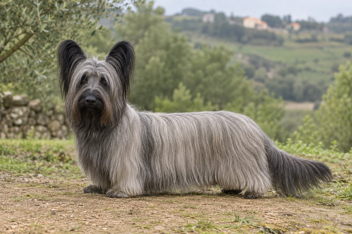SKYE TERRIER adulto, de pé, com o corpo inteiro visível.
