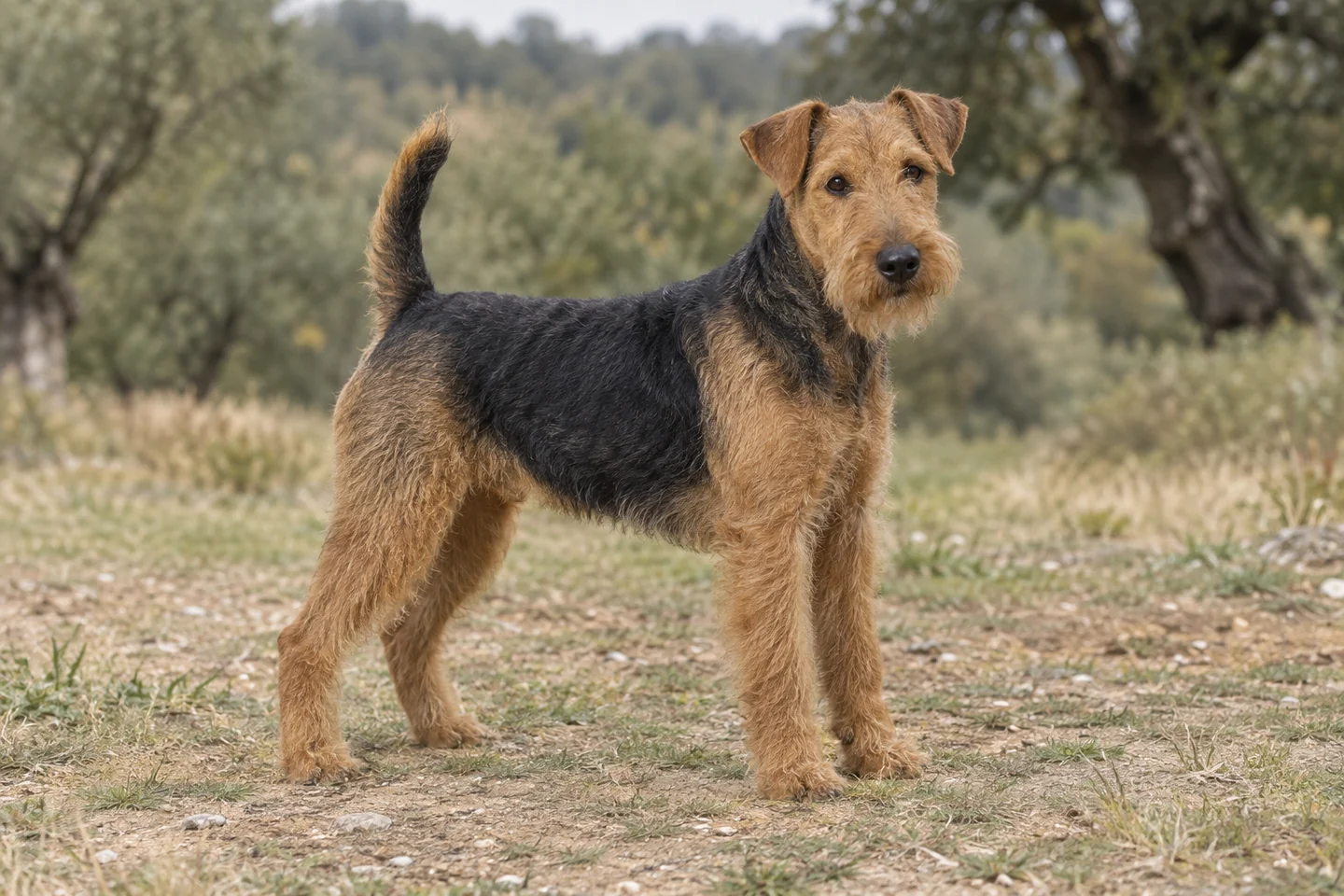 WELSH TERRIER adulto, de pé, com o corpo inteiro visível.