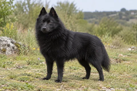 SCHIPPERKE adulto, de pé, com o corpo inteiro visível.