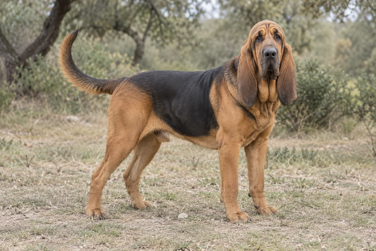CHIEN DE SAINT HUBERT adulto, de pé, com o corpo inteiro visível.