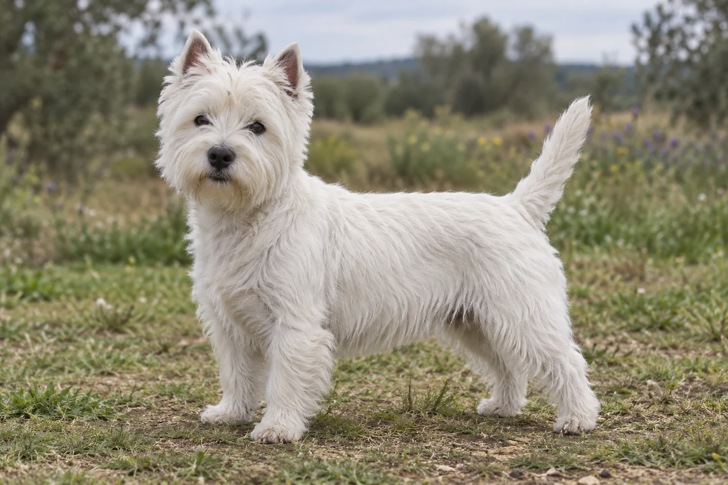 WEST HIGHLAND WHITE TERRIER adulto, de pé, com o corpo inteiro visível.