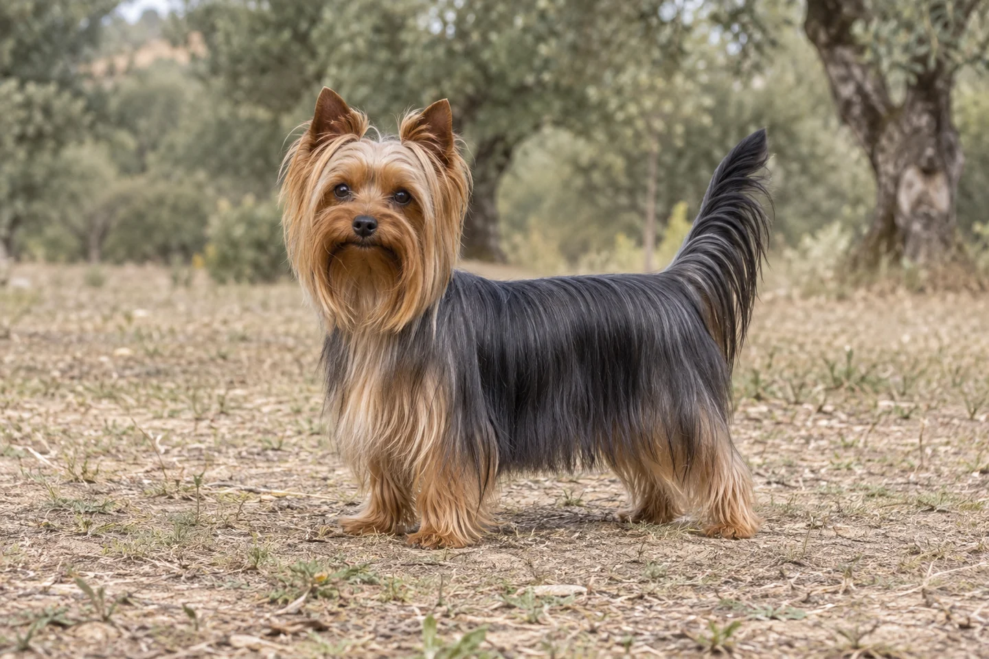 Yorkshire Terrier adulto, de pé, com o corpo inteiro visível.