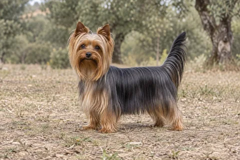 Yorkshire Terrier adulto, de pé, com o corpo inteiro visível.