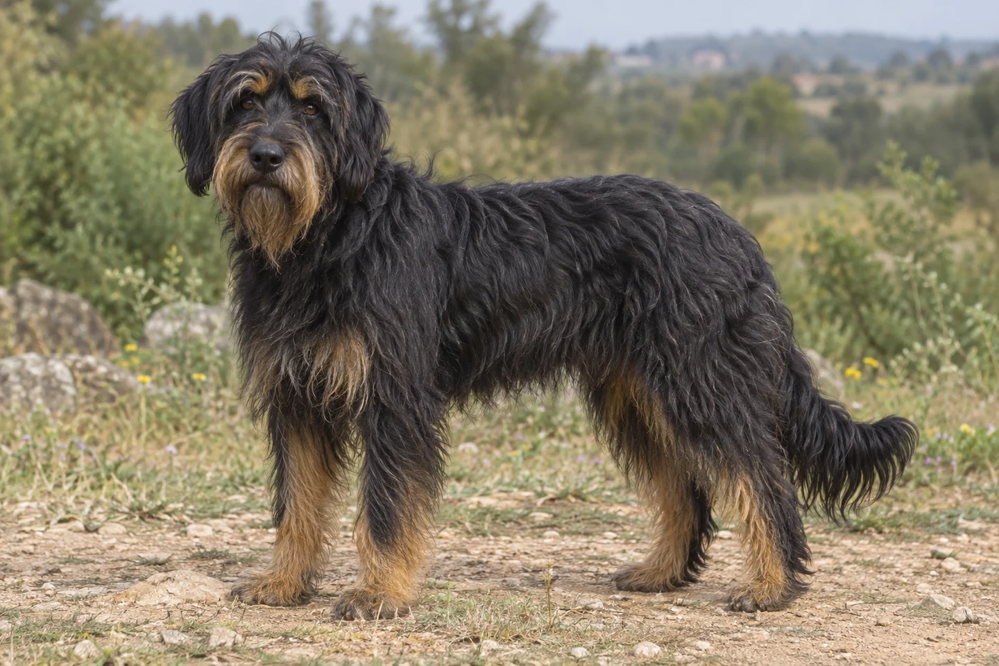 Cão da Serra de Aires adulto, de pé, com o corpo inteiro visível.