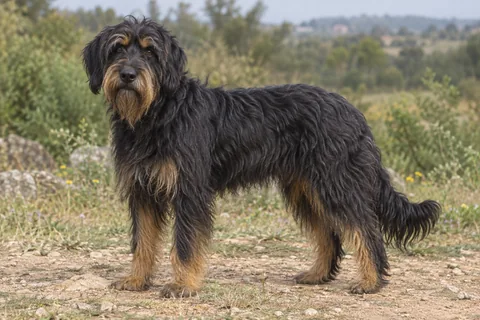 Cão da Serra de Aires adulto, de pé, com o corpo inteiro visível.