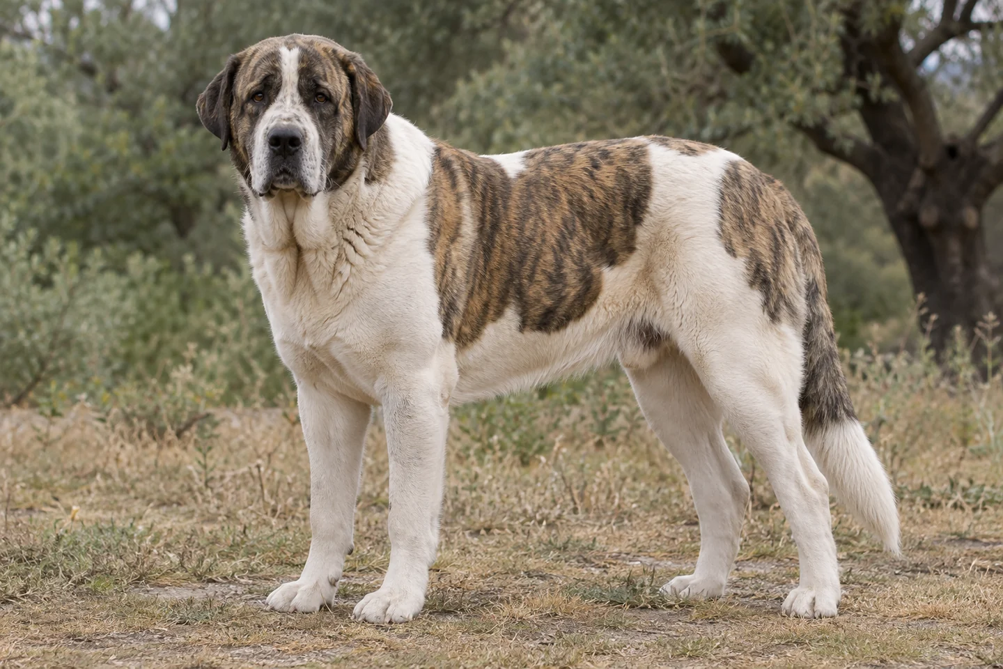 Rafeiro do Alentejo adulto, de pé, com o corpo inteiro visível.