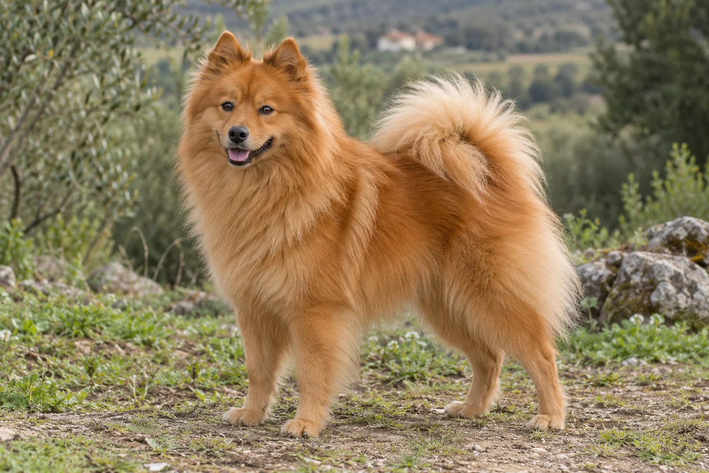 DEUTSCHER SPITZ adulto, de pé, com o corpo inteiro visível.