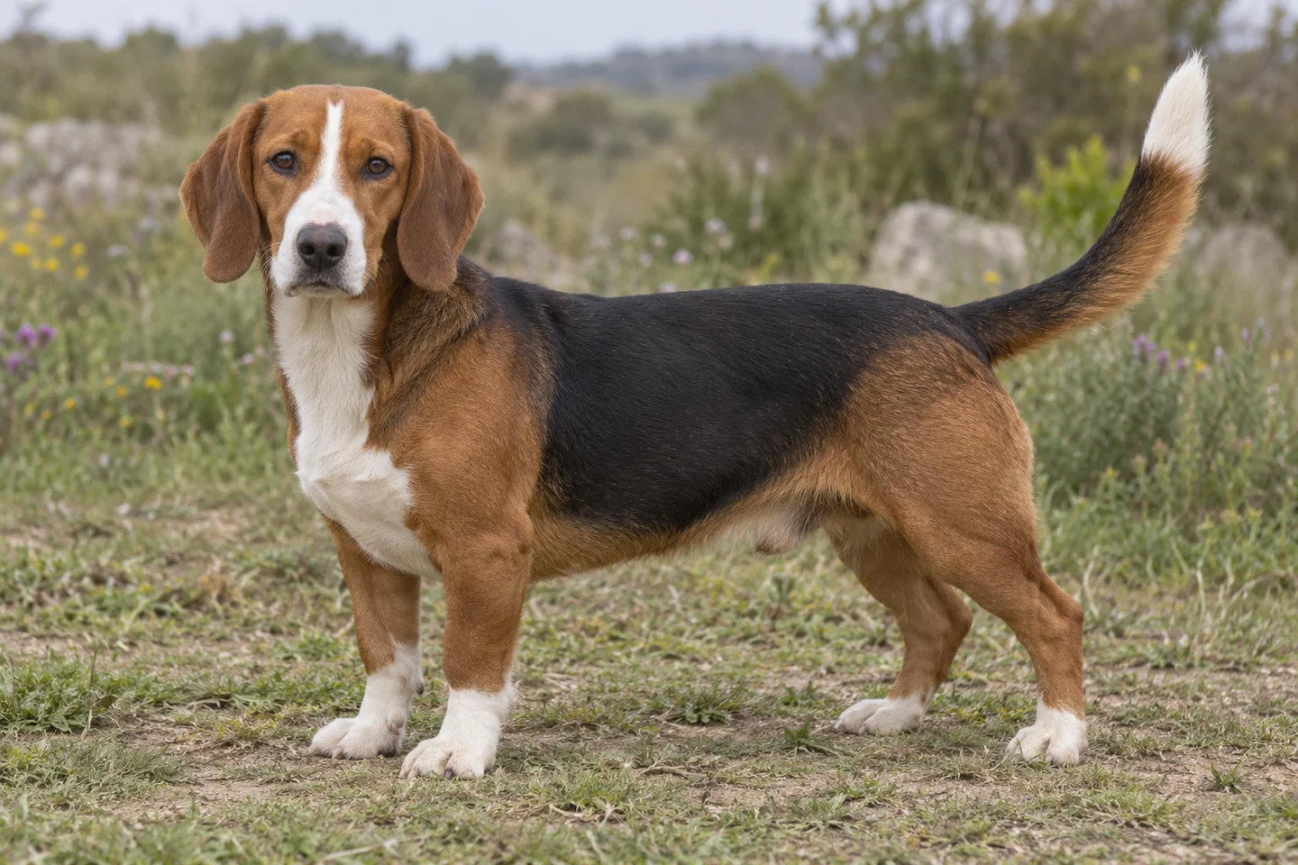 WESTFÄLISCHE DACHSBRACKE adulto, de pé, com o corpo inteiro visível.