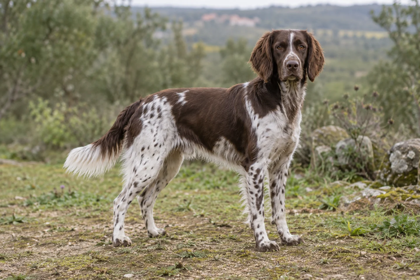 KLEINER MÜNSTERLÄNDER adulto, de pé, com o corpo inteiro visível.
