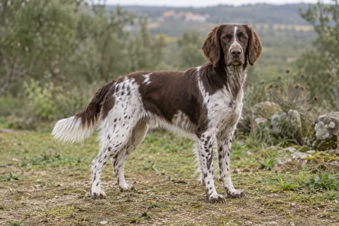 KLEINER MÜNSTERLÄNDER adulto, de pé, com o corpo inteiro visível.