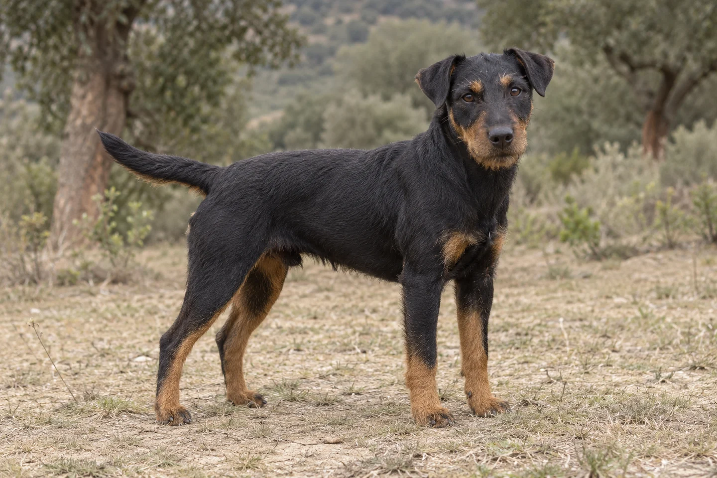 DEUTSCHER JAGDTERRIER adulto, de pé, com o corpo inteiro visível.