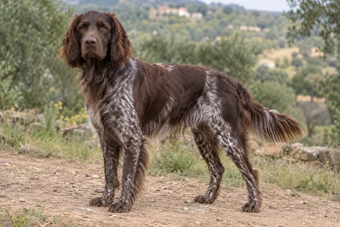 DEUTSCHER WACHTELHUND adulto, de pé, com o corpo inteiro visível.